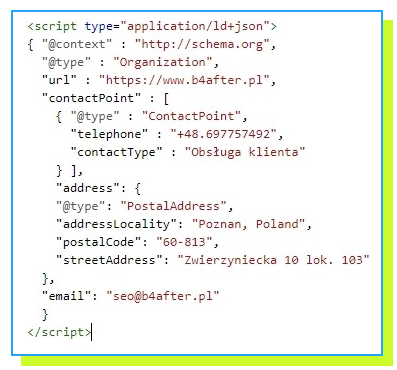 przykład kodu javascript JSON LD danych uporządkowanych